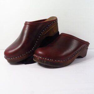 Troentorp Kahlo Wooden Clogs Women’s Size EU 39 US 8.5 Bordeaux Pull Up Leather